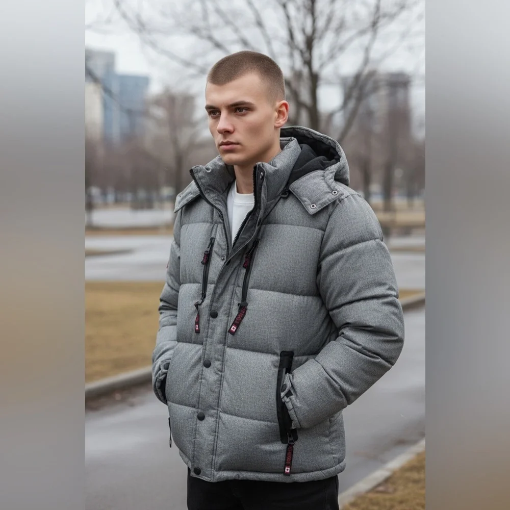 Canada Weather Gear heavyweight puffer‎ jacket in gray heather with black trim.